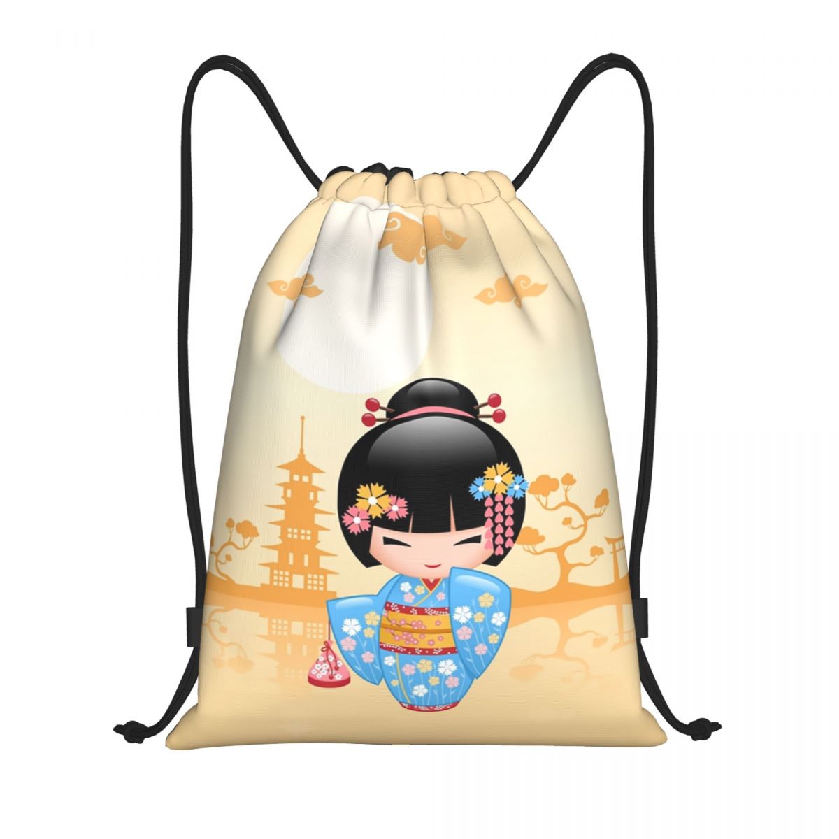 Women Bags Vector - Japanese Maiko Kokeshi Doll Drawstring Backpack